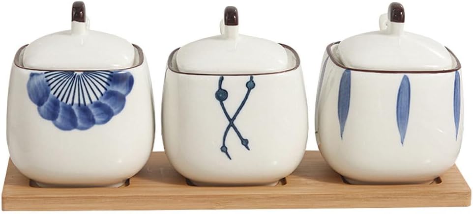 ABOOFAN Ceramic Seasoning Jars Set with Lid and Spoon, 3pcs Condiment Pots for Salt, Sugar, Pepper with Bamboo Tray, Kitchen Counter Organizer Condiment Container