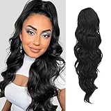FESHFEN Pferdeschwanz Haarteil Haarverlängerung mit Kordelzug Pferdeschwanz Verlängerung Synthetik Lockiges Haarteil Aus Schwarz Ponytail Extension Locken für Frauen 60cm