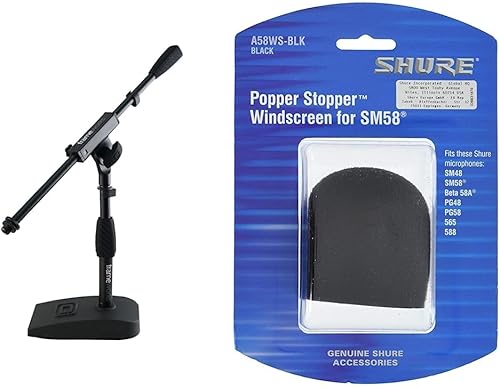 Gator Frameworks Soporte de micrófono de base con peso corto con embrague giratorio de agarre suave, brazo de pluma y parabrisas de espuma Shure