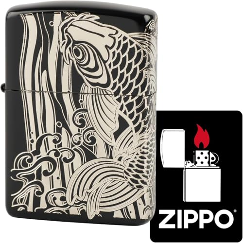 ジッポー(Zippo) ライター アーマー 防風 真鍮製 2面加工 昇鯉 シルバー 特製ステッカー付き ブラック