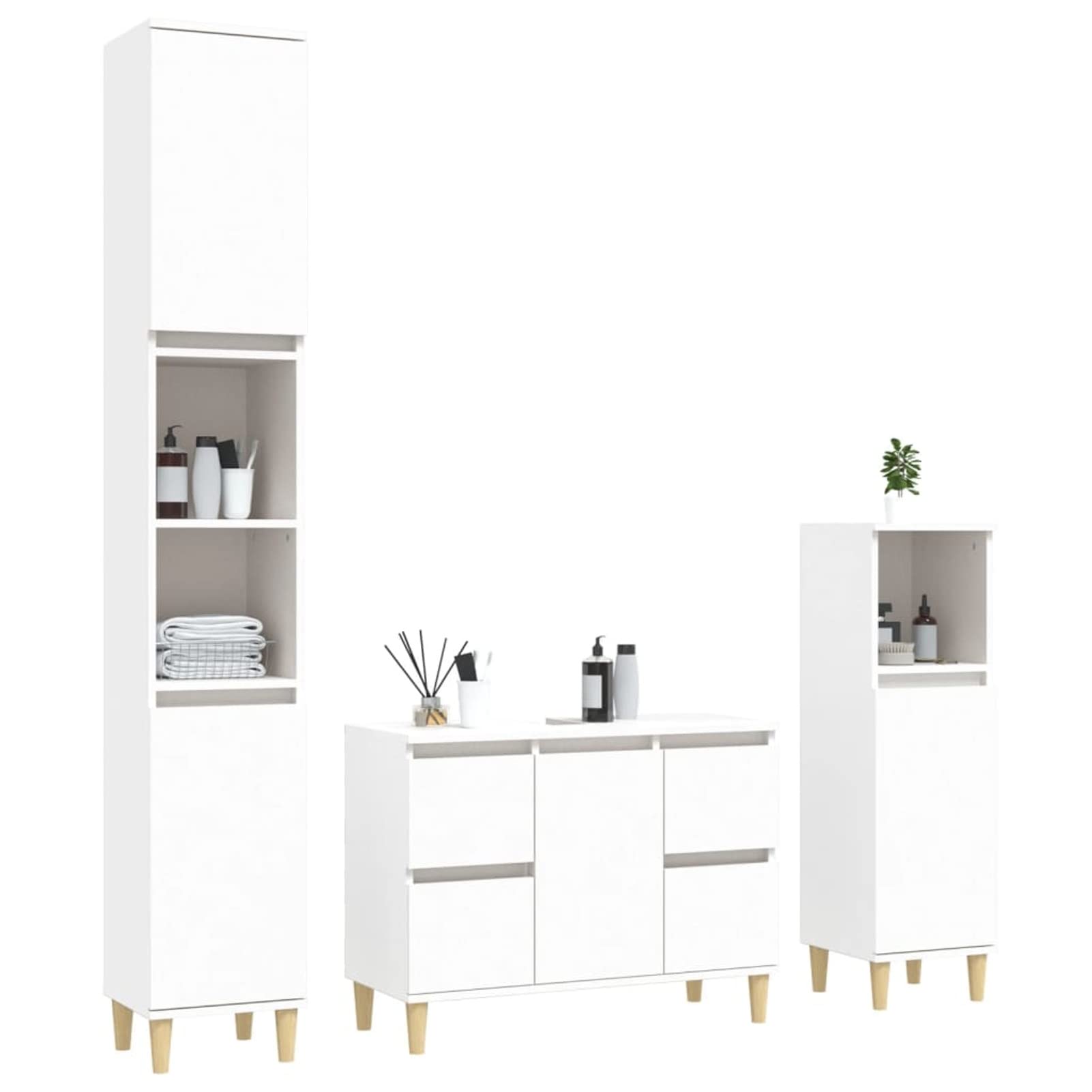 Gecheer Set Mobili da Bagno 3 Pezzi, Mobile Lavabo 80 cm con Armadietto Alto 190 cm e Armadietto Basso 100 cm in Legno Multistrato ed Eucalipto Bianco, per Bagno