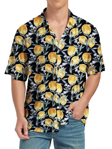 Men's Hawaiian Shirts Short Sleeve Floral Casual Button Down Shirts for Men Black Lemon