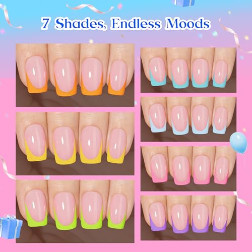 Image of Beetles Summer Press On Nails 224 Pcs 7 Colors, French Tip Nails Short Square Classic Fake Nail Tips, Rainbow Soft Nail Gel False Nails Art DIY For Women