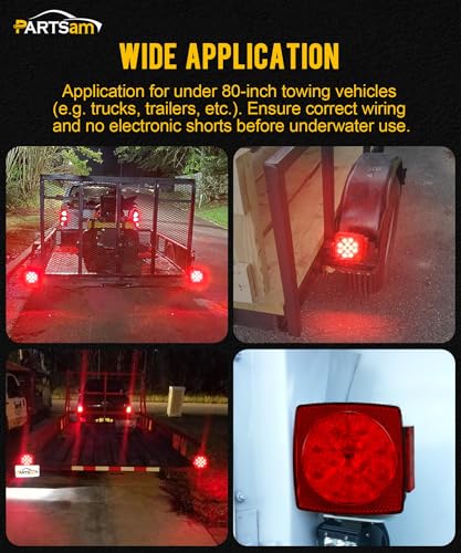Image of Partsam Pair Slim Square LED Trailer Light Submersible Tail Lights 15 Red 4 White LEDs 5050 SMD Stop Turn Tail with Side Clearance and License Lights for Under 80 inch Boat Trailer 12V IP67 Red Lens