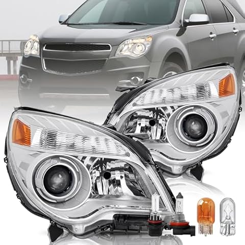 Bingbingmotor Headlight Assembly Pair with All BULBS for 2010-2015 Chevy Equinox OEM PROJECTOR Halogen Headlamps Replacement Left+Right (Chrome Housing) Cover
