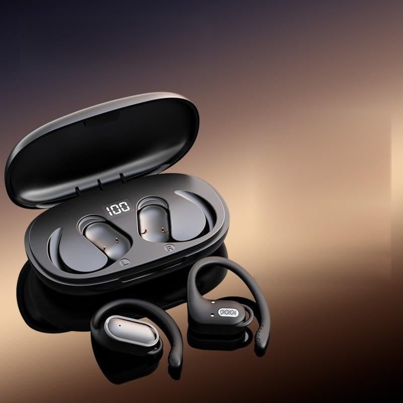Auriculares inalámbricos, conductivos de aire, auriculares abiertos con reducción de ruido y ganchos para los oídos para correr deportes, color negro