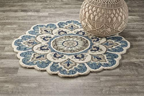 LR Home 6ft Round Indoor Wool Area Rug for Home Decor | Rugs for living room, bedroom, playroom, entryway, office | Hand woven modern farmhouse Large boho area rug for room decor | Ivory/Teal