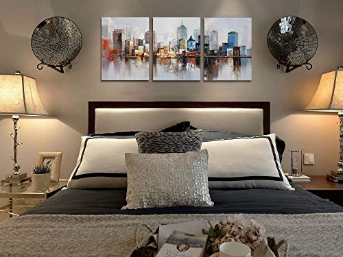 Arjun Brooklyn Bridge Wall Art Modern New York Abstract Canvas Cityscape Painting Nyc Skyline Manhattan Framed Pictures For Bathroom Living Room Bedroom Home Office Wall Decor, 12"X16"X3 Panels #TOP2