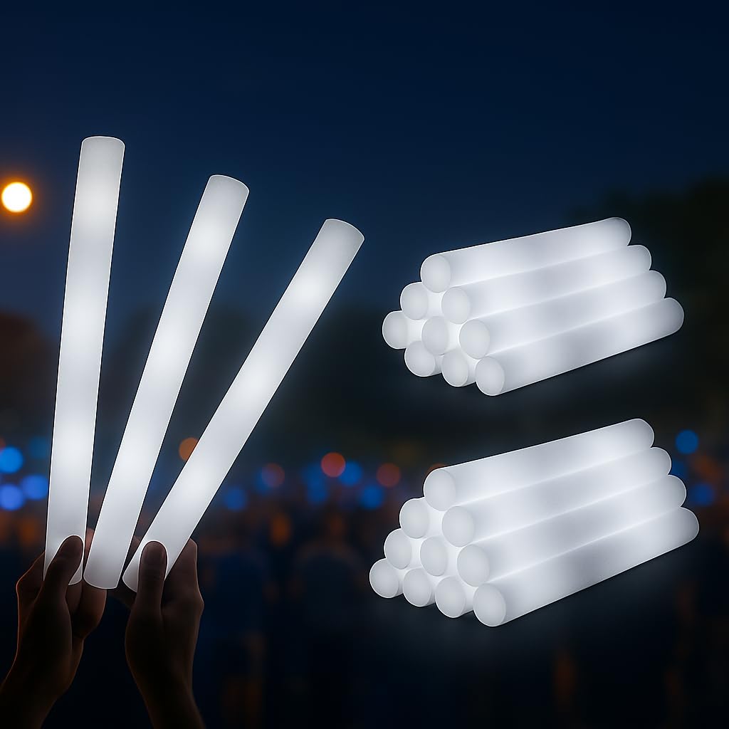 zenda Club - Palo luminoso LED de 48 cm (96 unidades, 48 cm), color blanco – Baton Luminoso Fluorescente de Espuma – 3 modos de iluminación – Glow Sticks para bodas, cumpleaños, conciertos, festivales