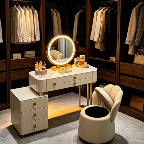 Lsoiup Mesa de Maquillaje con Espejo HD y Luces, Escritorio de Maquillaje, tocador con Tapa de mármol con taburetes de Almacenamiento y gabinete Lateral, Almacenamiento Ajustable, Blanco(L:80cm)