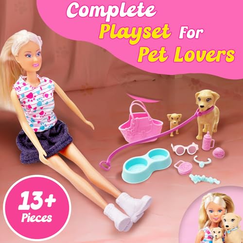 Image of Steffi Love Puppy Walk| Engaging Pretend Play Set with Steffi, One Mommy Dog & One Puppy| Complete Doll Set with 13+ Accessories| Ideal Gift for Birthdays, Christmas for Girls of Age 3+