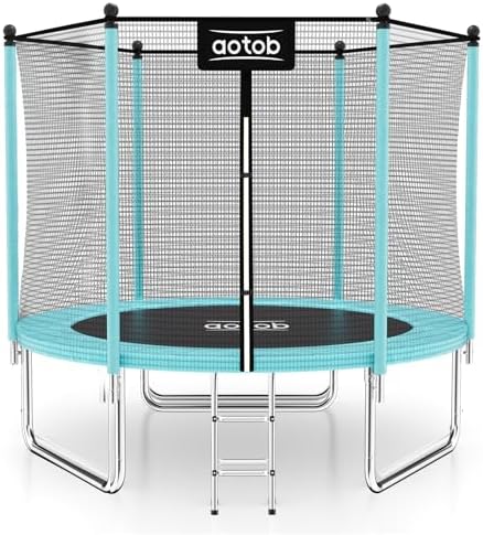 AOTOB 8FT Trampoline with Safety Enclosure Net，Blue Outdoor Trampoline with Ladder, Heavy Duty Jumping Mat and Spring Cover Padding for Kids