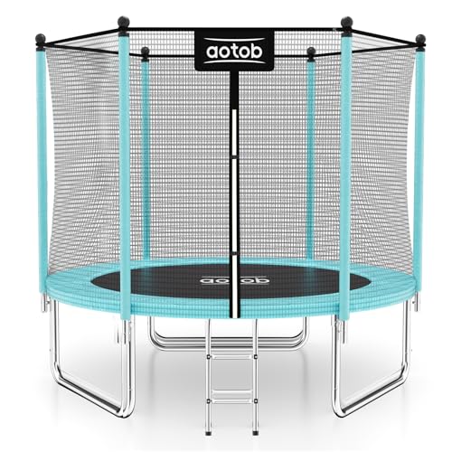 Image of AOTOB 8FT Trampoline with Safety Enclosure Net，Blue Outdoor Trampoline with Ladder, Heavy Duty Jumping Mat and Spring Cover Padding for Kids