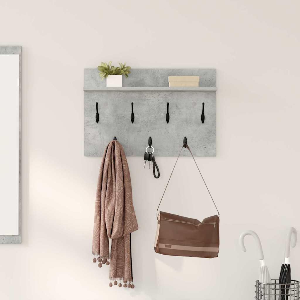 Perchero de pared gris hormigón 60 x 40 x 12 cm de material de madera con estantes y ganchos – Diseño moderno para pasillo, entrada y salón