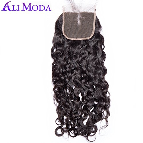 Ali Moda 4X4 Middle Part Water Wave Lace Closure 100% Unprocessed Brazilian Virgin Human Hair Naturl Color For Black Women 20 inch