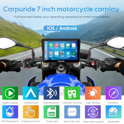 Image of Carpuride W702PRO for Motorcycle CarPlay& Android Auto& Dual Bluetooth - 7 inch Waterproof GPS Navigation Screen for Motorbike, Music Sharing, Intercom, EQ, Light Sensor, Compass, Barometer
