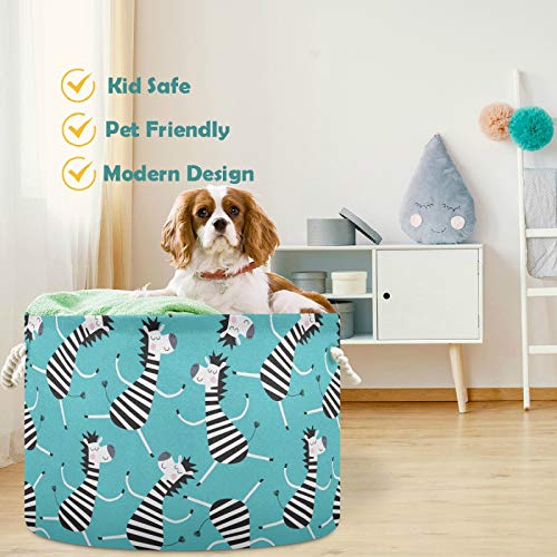 Image of visesunny Storage Basket Cartoon Zebra Nursery Hamper Canvas Fabric Toy Storage Organizer Bin Waterproof Storage Box Laundry Basket for Kid Rooms,Playroom,Shelves,Toy Basket,Gift Basket