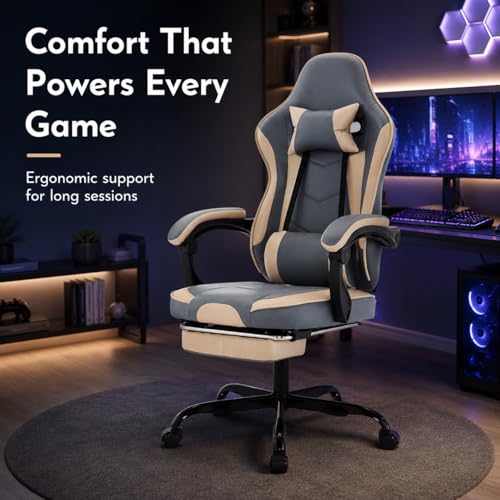 Image of Gaming Desk Chair for Adults, Ergonomic Gaming Chair with Footrest & Headrest and Lumbar Support, Leather Material Height Adjustable Computer Video Game Chairs (Beige+Blue)
