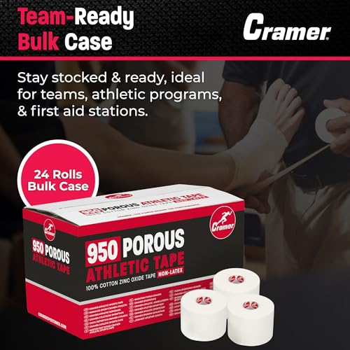 Image of Cramer 950 Premium White Porous Athletic Tape, 2 inch x 15 Yards, Strong Adhesive Sports Tape, Easy Tear, Breathable Cotton, Latex-Free, Bulk Case of 24 Rolls for Ankle, Wrist & Injury Taping