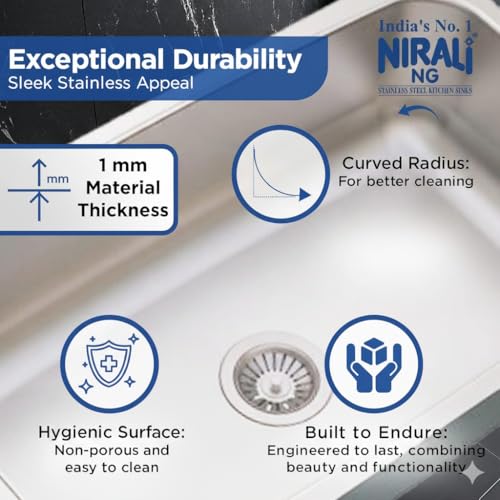 Image of NIRALI Kitchen Sink 27x21x10 Inch 304 Stainless Steel | Single bowl Sink Round Coupling | Rust & Stain Resistant | Glossy Finish | Minimizes Sound Orbis Sink (Glossy, 27 inch x 21 inch x 10 inch)