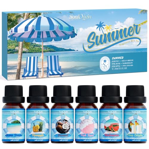 SoulOrigin Sommer ätherische Öle Set, Duftöl Geschenk Set für Öl Diffuser, Duftöle für Seifenkerze Herstellung 6x10ml Meeresbrise, Ananas, Wassermelone, Kokosnuss, rosa Strand und Pina Colada