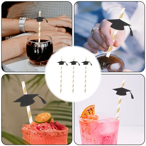 12 pitillos flexibles de papel para graduación negro y dorado miniatura 4