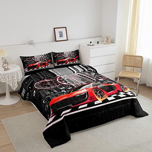 Image of Feelyou Red Race car Comforter Set Toddler Size for Girls Boys Children Racing Car Comforter Speed Sports Car Bedding Set Room Decor Extreme Sports Duvet Set Automobile Quilt Set 2Pcs