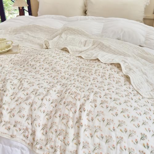 Image of SANACYNA Muslin Blanket 100% Cotton 6-Layer Gauze Floral Bed Blanket Lightweight Soft Breathable Cooling Blanket for Sofa Couch Bed Coverlet Both Sides (Floral A, Throw 50 inchx60 inch)
