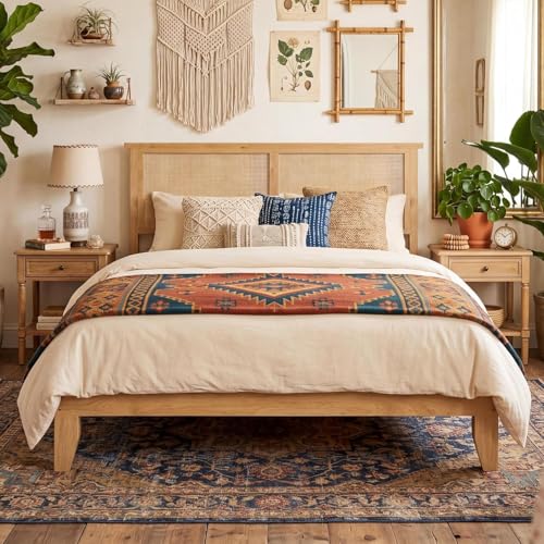 GAOMON King Size Wood Bed Frame with LED Light and Rattan Headboard