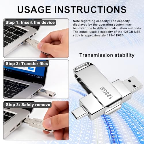 USB Stick 128GB 2-in-1 mit USB-C & USB-A, Metall USB 3.0 Flash Laufwerk OTG, Dual USB Speicherstick für Smartphone Tablet PC Laptop