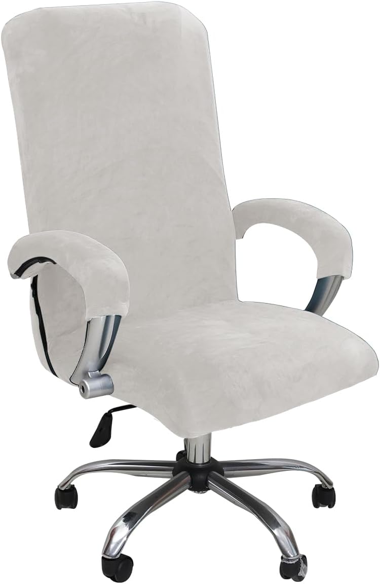Velvet Office Chair Cover with Arm Covers - Stretch Computer Desk Chair Cover for Universal Boss Swivel and Gaming Chairs (Large, White)