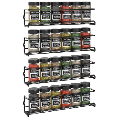 Vinsani 1/2/3/4/5/6 Tier Spice Racks Organiser - 4 Tier Flexible Herb Spices Condiments Jar Wall Mounted Hanging Storage with Adhesive Stickers & Screws For Pantry Kitchen Walls (Black)
