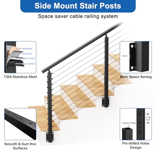 Image of 36 inch Right Side Mount Stair Cable Railing Post for 25-35 Degrees Stair, Stainless Steel Single Black Coated Fascia Mount Post for Cable Railing Kit, Indoor Outdoor Use, MY09-S