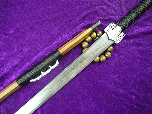 Chinese Sword/Han Jian/Damascus Steel Eight Side Blade/Acid Wooden Scabbard/Silver Zinc Alloy Material/Stretch Black Slip Rope Handles/Length 39" #TOP7