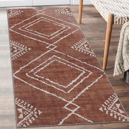 ReaLife Rugs Machine Washable Area Rug Runner - Living Room Bedroom Bathroom Kitchen Entryway Office - Padded Low Pile Stain Resistant Premium - Moroccan Diamond Tribal - Jax - Orange 2'6' x 6'