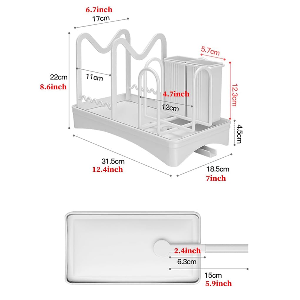 Estante compacto para secar platos con tabla de drenaje para encimera de cocina, cesta extraíble para cubiertos, estante escurridor de platos con drenaje automático para White