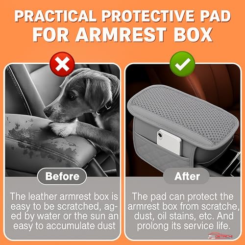 Image of DETACHI Car Center Console Armrest Cover Pad, PU Leather Mesh Armrest Cushion,Universal Fit for SUV /Truck /Car, Console Box Cover With 2 Mobile Pockets, Breathable Mesh Fabric Mat-(Grey, 31X18X2CM)