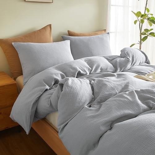 SE SOFTEXLY Muslin Duvet Cover King Size, 100% Washed Cotton Duvet Cover Set, Ultra Soft Comforter Cover Linen Like, 3 Pieces Minimalist Gauze Duvet Cover with 2 Pillowcases, 90"x104", Light Grey