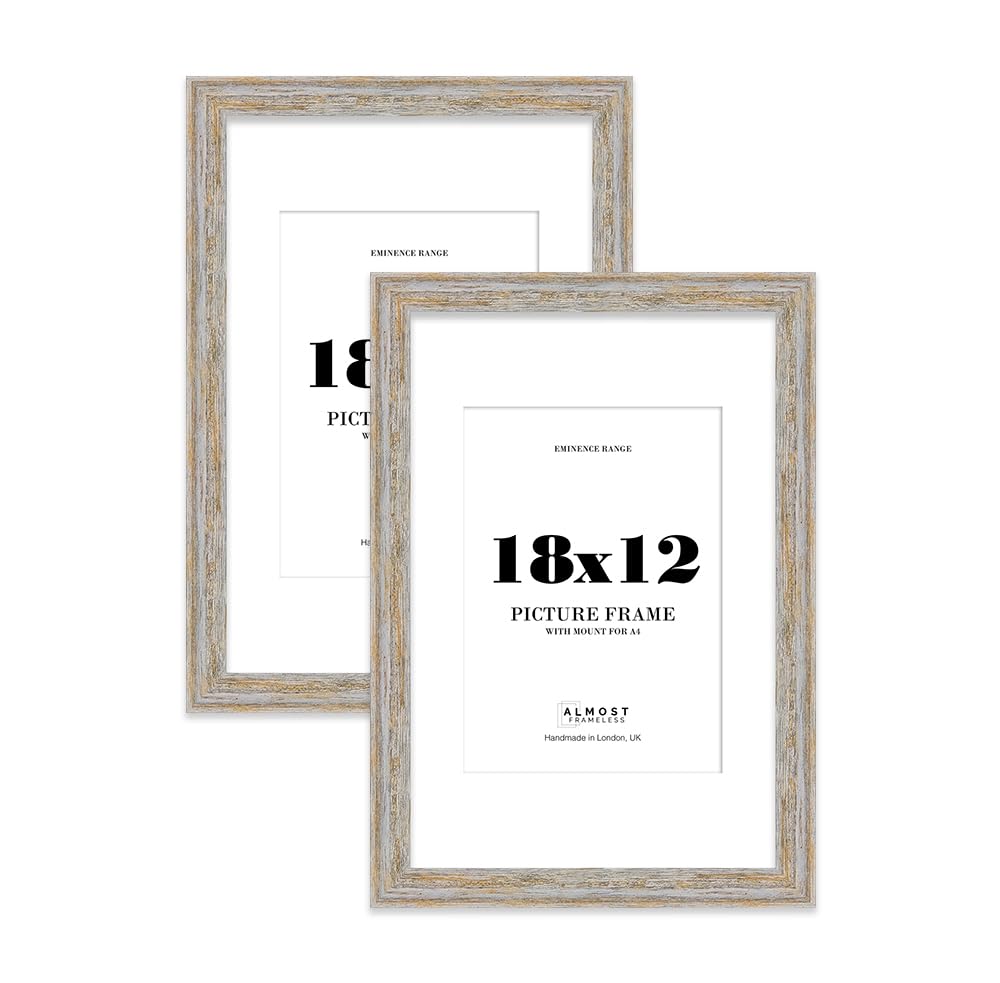 18x12" Walnut Woodgrain Picture Frame with A4 Mount - Shabby Chic Photo Frame with Distressed Finish, Wall Hooks, 32mm Edge - 2 Pack