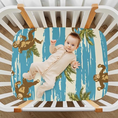 Image of Crib Sheet Breathable Soft Crib Mattress Sheet for Baby Toddler Boys Girls Fitted Crib Sheet Fit Standard Crib Mattress 52 x 28 Inch Monkeys Palm Leaves Blue White Stripes