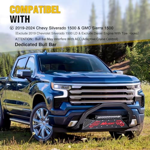 Image of Nilight Bull Bar with Light fits 2019-2024 Chevy Silverado 1500(Excl. 19 LTD Classic) & GMC Sierra 1500(Excl. 19 LTD Classic) Front Bumper Grille Brush Push Guard with Skid Plate Licence Plate Hole