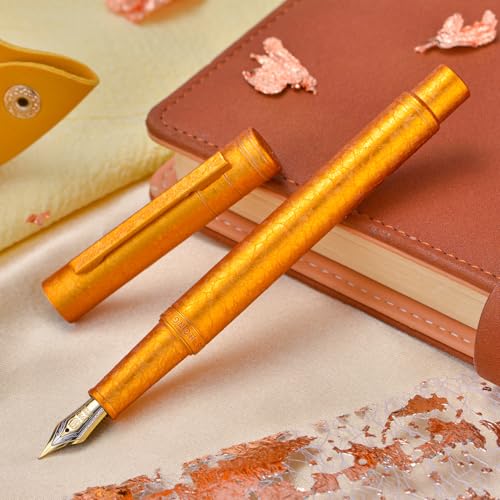 Image of Hongdian 1851 Forest Fountain Pen Golden Ice Flowers, Bent Nib Classic Design with Converter and Metal Pen Case
