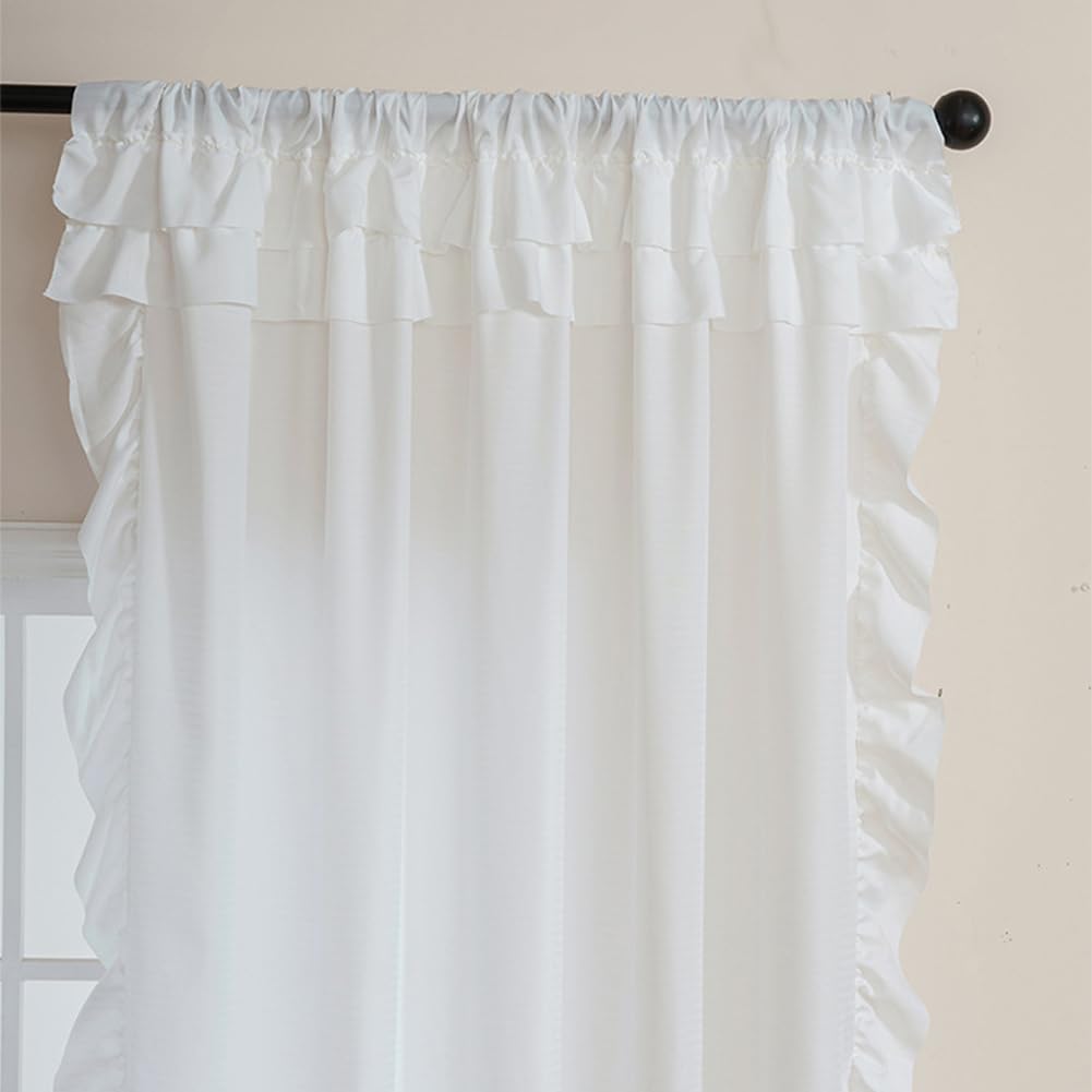 Weiß Rüschenn Gardinen Transparent für Schlafzimmer Wohnzimmer,Französisch Landhausstil Ruffled Vorhänge Durchsichtig Dekovorhang Romantisch 2 Stück 140x220