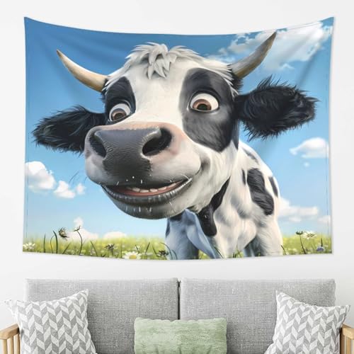 Tapisserie murale en tissu lavable motif champêtre de vache et fleurs 203 cm Dusviba
