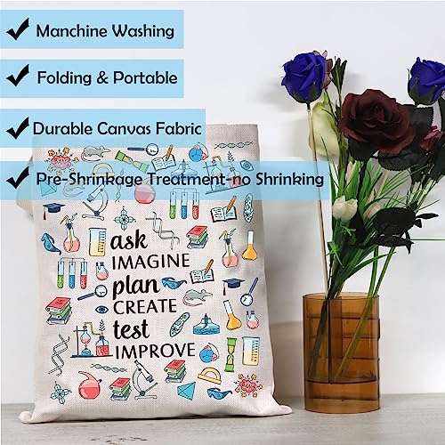 Image of GJTIM Science Teacher Gift Chemist Laboratory Science Chemistry Gift Ask Imagine Plan Create Test Improve Scientist Tote Bag