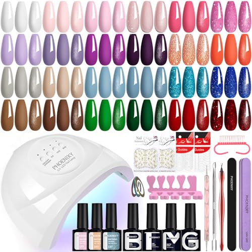 Phoenixy 24 Colores Uñas Semipermanentes Kit Completo con 48W Lámpara LED Kit Uñas Semipermanentes 28PCS Set de Manicura para Principiantes Base Top Coat Brillante Mate y Glitter