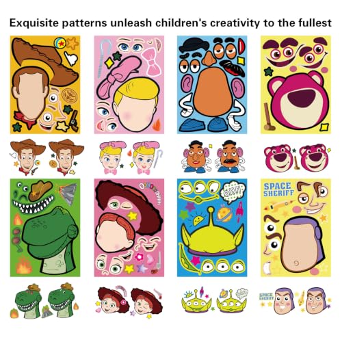 Image of 32Pcs Make a Face Toy Story Stickers, Make Your Own Sticker Sheets, Mix & Match 8 Character Designs, Kids Party Favors, Classroom Rewards & Decorations