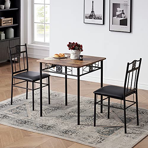 VECELO 3-Piece Kitchen Dining Room Table Set for Small Spaces, PU Padded Chairs, Retro Brown by VECELO - Used condition - CA$143.54