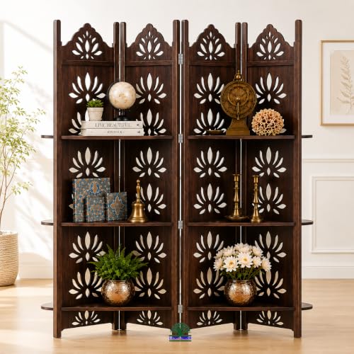 Image of Wooden Room Divider Partition with Display Shelves for Living Room | Foldable 4 Panel Decorative Privacy Screen Separator for Home, Office & Bedroom | (Brown with Shelves)