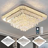 Miuyhji Elegant LED Crystal Raindrop Ceiling Light, 24 in Square Flush Mount Chandelier with Remote for Living Room Kitchen Island Bedroom Hallway Entryway Foyer (Dimmable)